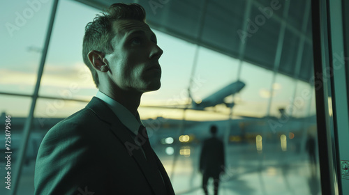 Geschäftsmann in Anzug steht am Flughafen in Verzweiflung photo
