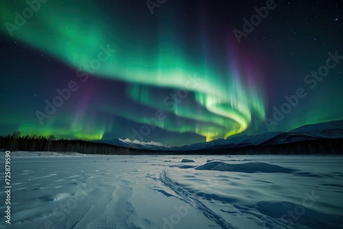 Green Aurora Borealis over Snow covered Terrain. Beautiful Northern Lights Banner with copy-space. generative, ai.
