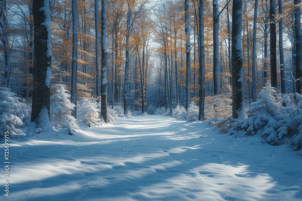 A minimalist shot of a snowy forest in shades of cool blue, capturing the serene and enchanting ambiance of winter landscapes. Concept of monochromatic snowy woods. Generative Ai.