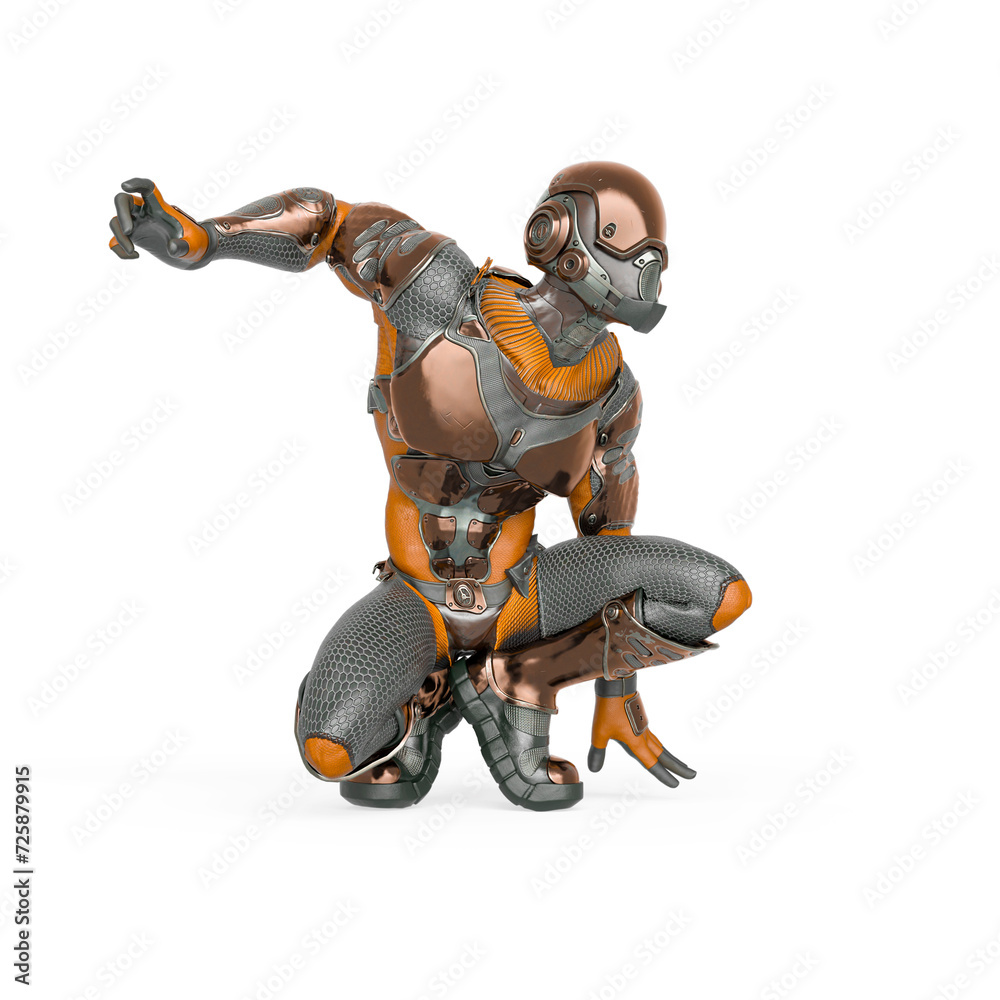 Naklejka premium futuristic astronaut is crouched ready to jump in white background