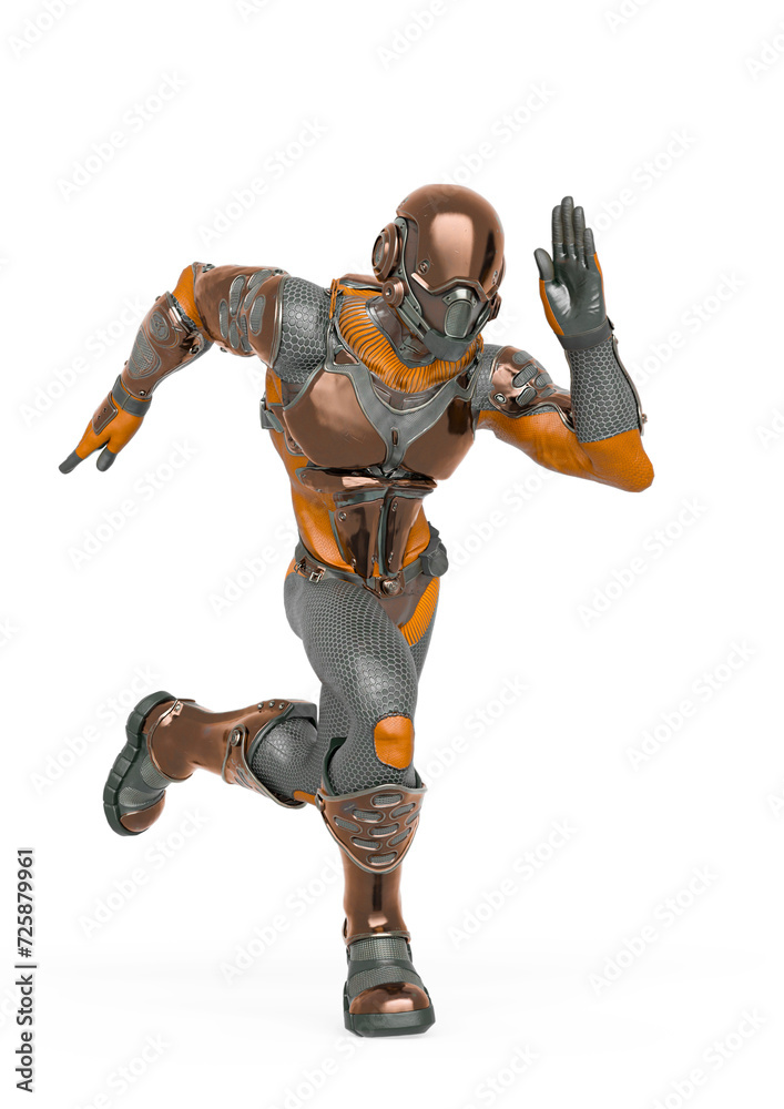 futuristic astronaut is running fast in action on white background futuristic astronaut is running fast in action on white background
