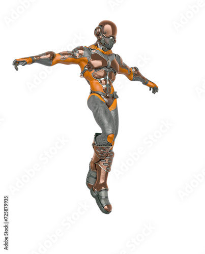 futuristic astronaut is floating and landing in white background