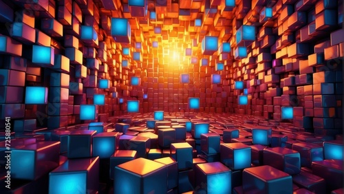 illustration of abstract background with colorful glowing cubes. generative, ai.