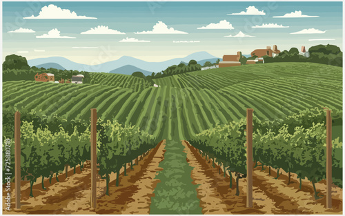 Vine yard landscape with rural horizon, digital art ,illustration