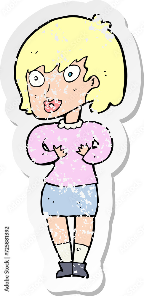 retro distressed sticker of a cartoon woman making Who Me gesture retro distressed sticker of a cartoon woman making Who Me gesture