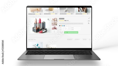 Cosmetic products website animation. E-commerce and shopping sales webpage. Makeup set for women. Laptop mockup