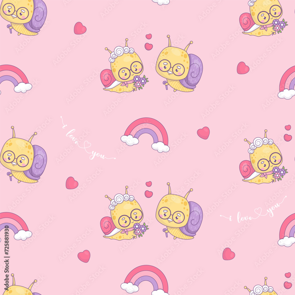 Obraz premium Seamless romantic pattern with loving couple elderly snails. Funny grandparents insects kawaii characters on pink background with hearts and rainbow. Vector illustration. Valentine I love you