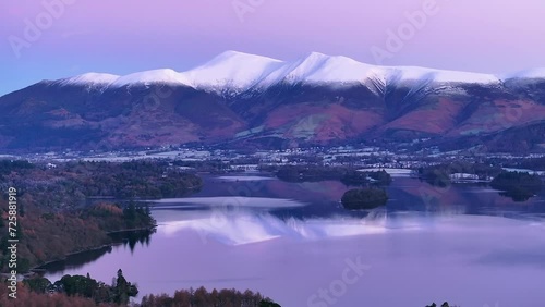 Aerial footage of Derwentwater and the Skiddaw mountain range, Keswick, Lake District National Park, Cumbria, England, United Kingdom photo