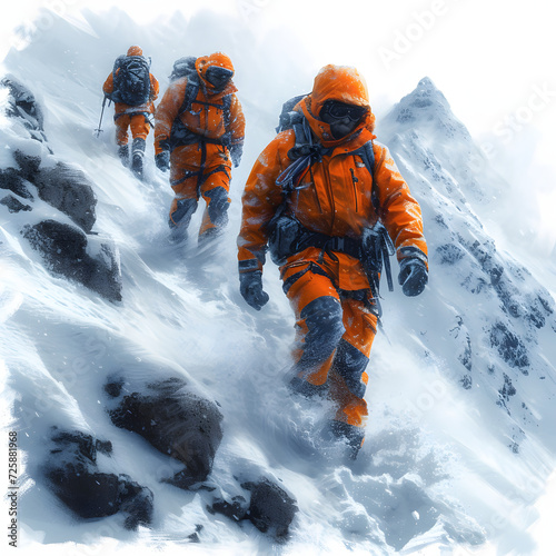Mountain rescue team assisting a stranded hiker isolated on white background, isometry, png 