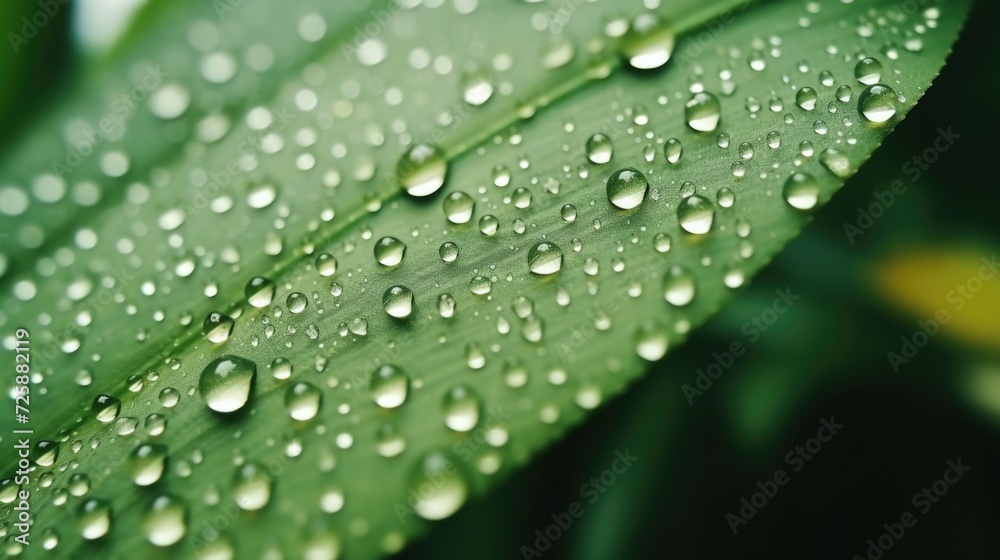 Beautiful water drops after rain on green leaf in sunlight, macro. Many droplets of morning dew outdoor, beautiful round bokeh, selective focus. Amazing artistic image of purity and fresh of nature. Beautiful water drops after rain on green leaf in sunlight, macro. Many droplets of morning dew outdoor, beautiful round bokeh, selective focus. Amazing artistic image of purity and fresh of nature.
