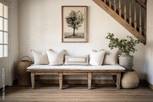 country style in the design of a modern elegant hallway of a large country house, a bench with pillows, house plants, large paneled windows and a staircase to the upper floor