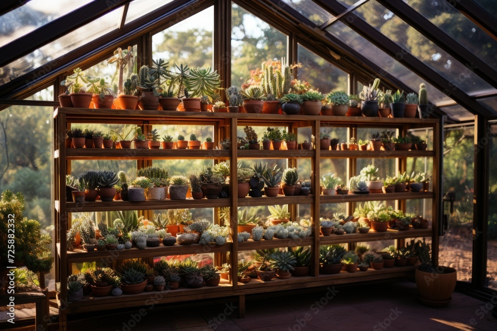 display case with succulents and cacti in a greenhouse, growing desert plants in a northern climate