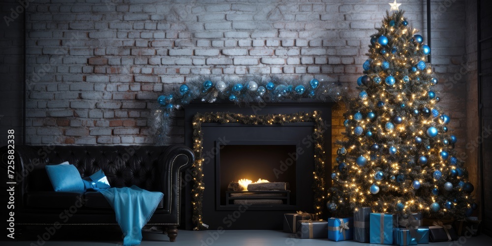 Black fireplace and Christmas tree with silver and blue decorations and lights in living room by brown brick wall.