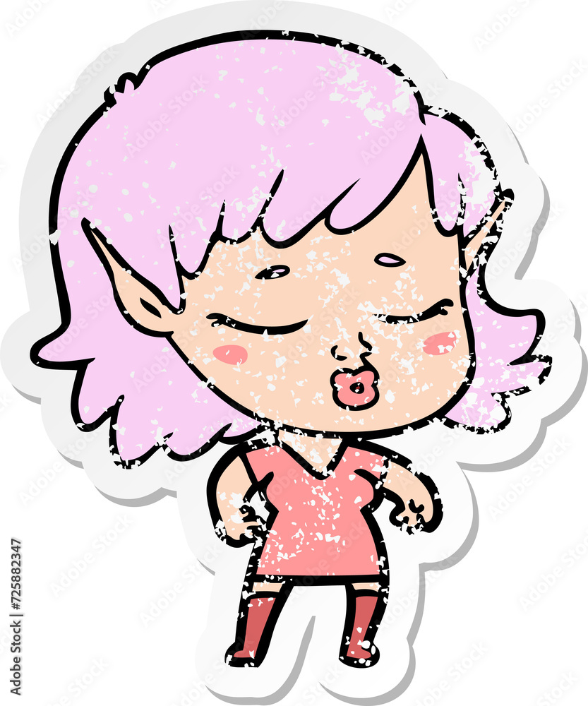distressed sticker of a pretty cartoon elf girl distressed sticker of a pretty cartoon elf girl