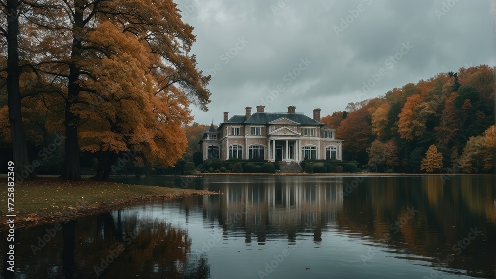 Lake Scene with Period Mansion House. Atmospheric Rural Scene with Melancholic Autumn Mood.  generative, ai.