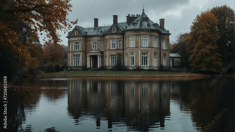 Lake Scene with Period Mansion House. Atmospheric Rural Scene with Melancholic Autumn Mood.  generative, ai.