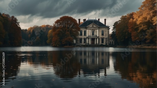 Lake Scene with Period Mansion House. Atmospheric Rural Scene with Melancholic Autumn Mood. generative, ai.