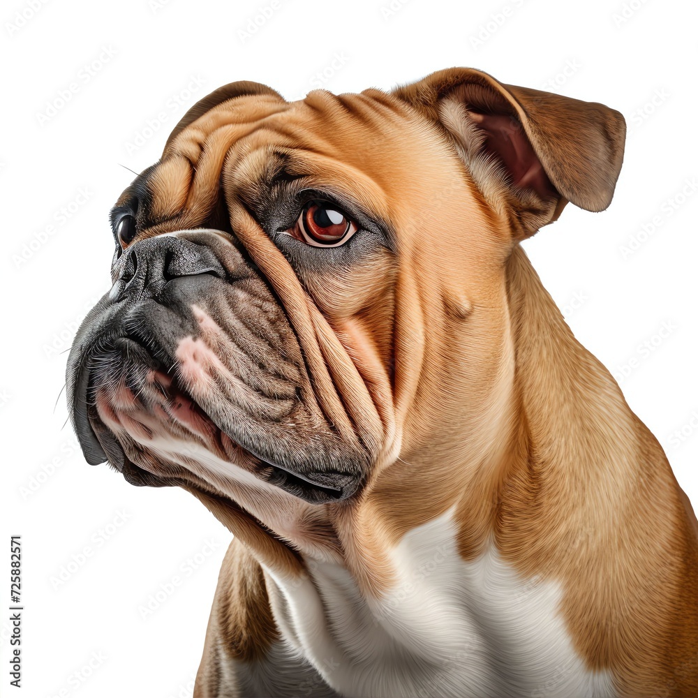 a bulldog looking to the left, studio light , isolated on white background