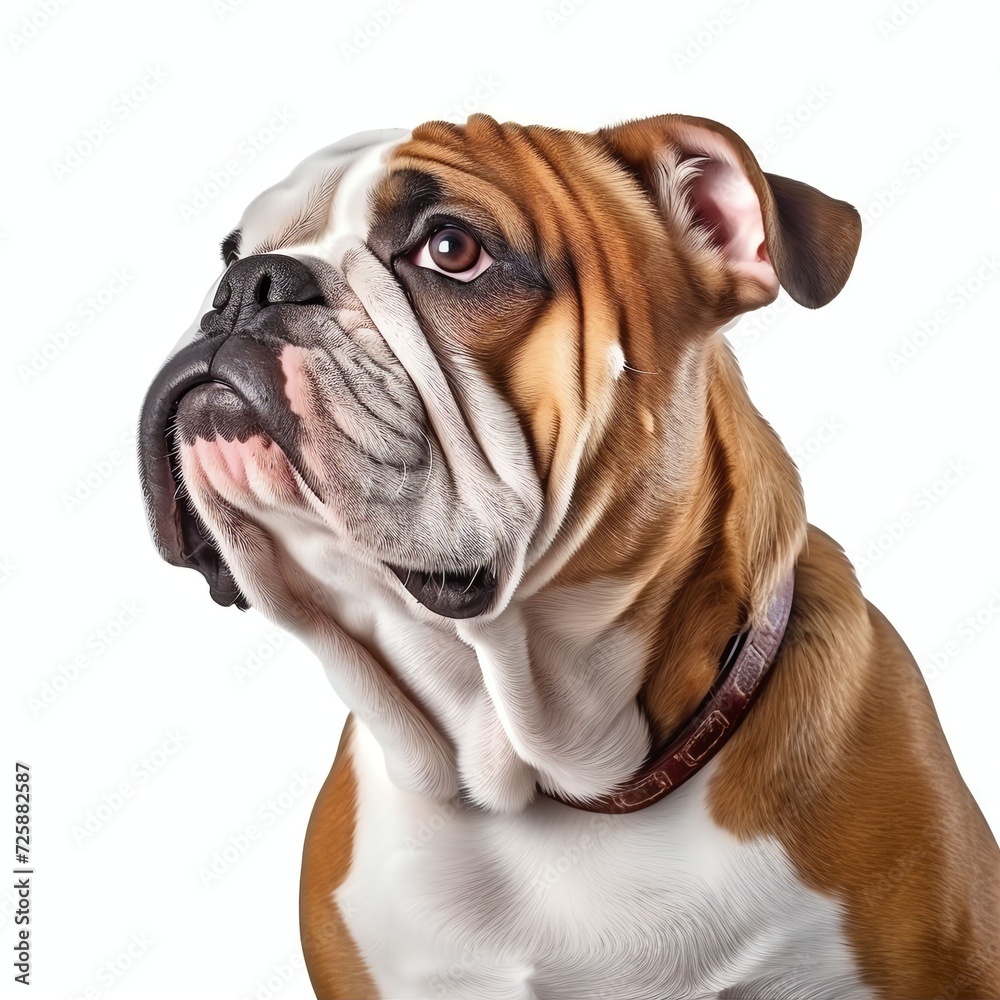 a bulldog looking to the left, studio light , isolated on white background