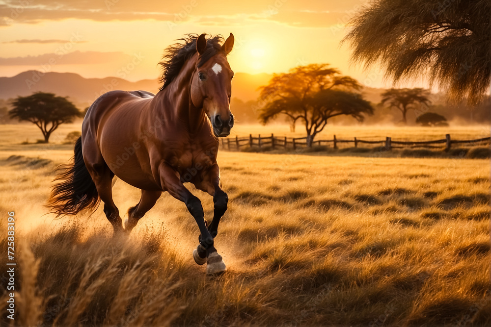 Criollo horse running freely in the sunset of the Pampa Gaucho, southern Brazil - obrazy, fototapety, plakaty 