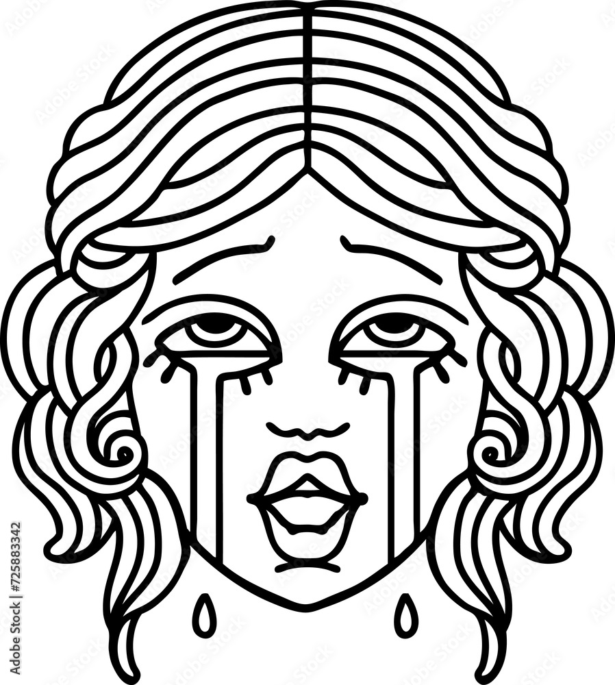 black line tattoo of a very happy crying female face