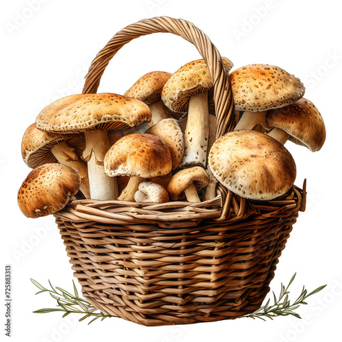 A basket full of freshly foraged mushrooms isolated on white background, doodle style, png 