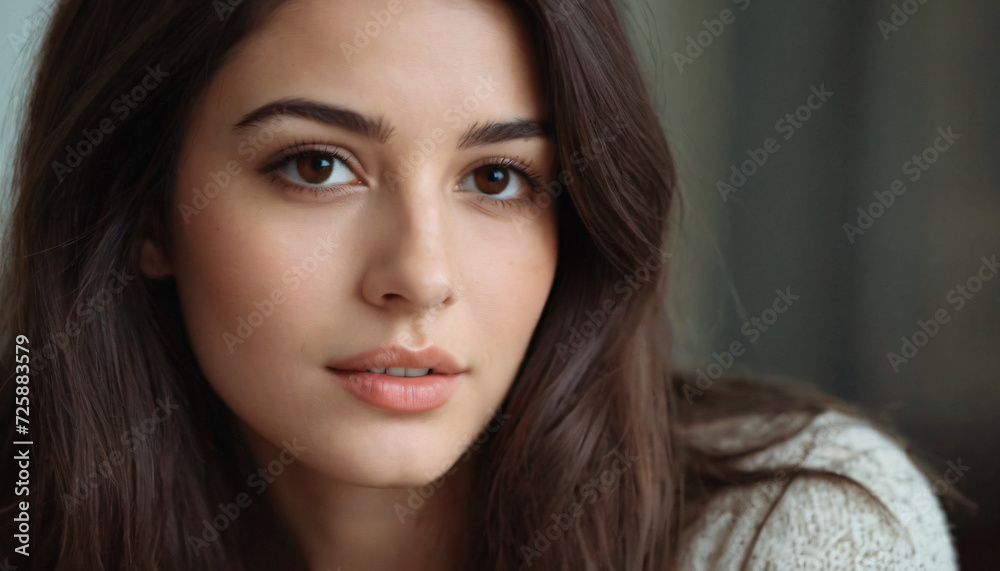 Young Brunette with Clear Skin and Long Straight Hair Staring Intensely Young Brunette with Clear Skin and Long Straight Hair Staring Intensely