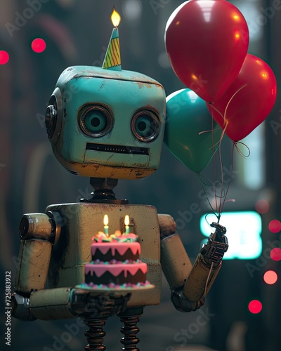 Ai Illustration of a Robot at a Birthday Party, Happy Birthday, Colorful Background, Birthday Cake, Blue and Red Balloons