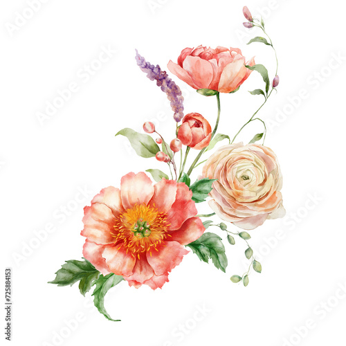 Watercolor bouquet of peonies  ranunculi and leaves. Hand painted card of floral elements isolated on white background. Holiday flowers Illustration for design  print  fabric or background.