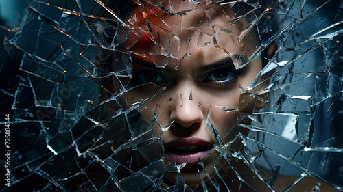 Angry sad woman looking through a broken shattered glass. Concept of angry, depression, broken heart, grief, abuse, heartache, heartbreak, chaos and destruction.