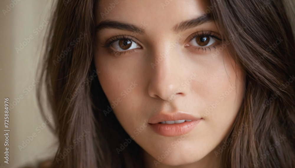Young Brunette in Soft Light: Headshot with Clear Skin, Deep Brown Eyes, and Long Straight Hair Young Brunette in Soft Light: Headshot with Clear Skin, Deep Brown Eyes, and Long Straight Hair