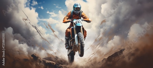 Fotografiet Motocross rider riding a motorbike jumping at sunset with dramatic view of dirt track
