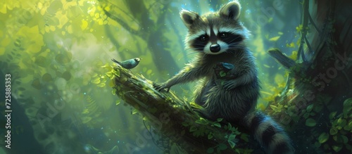 A Cute Little Raccoon on fantasy style a Magical forest. AI generated image photo