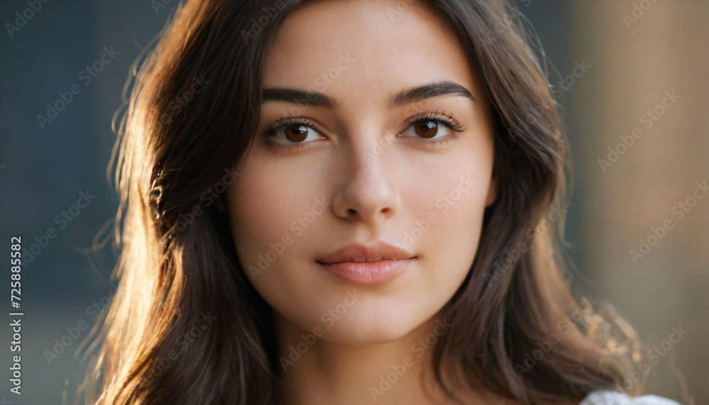 Young Sophisticated Brunette: Clear Skin, Soft Smile, Deep Brown Eyes, Long Straight Hair - Professional Makeup Portrait Young Sophisticated Brunette: Clear Skin, Soft Smile, Deep Brown Eyes, Long Straight Hair - Professional Makeup Portrait