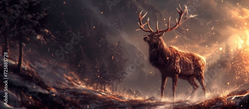 Epic deer animal fantasy in dramatic background. AI generated image photo