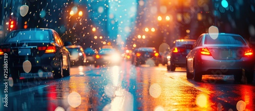 Evening city lights illuminated life with Cars on street. AI generated image photo
