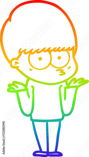 rainbow gradient line drawing confused cartoon boy shrugging shoulders