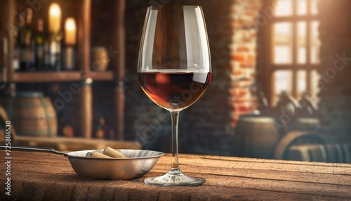Taça de vinho em cima de mesa de uma adega antiga photo