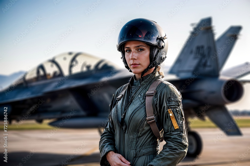 A proud female airforce pilot stands in front of a fighter jet, in her air force attire. A proud female airforce pilot stands in front of a fighter jet, in her air force attire.