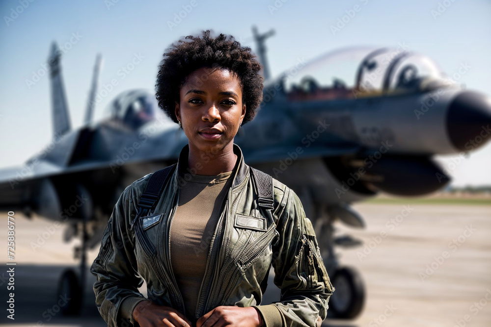 A proud female airforce pilot stands in front of a fighter jet, in her air force attire. A proud female airforce pilot stands in front of a fighter jet, in her air force attire.