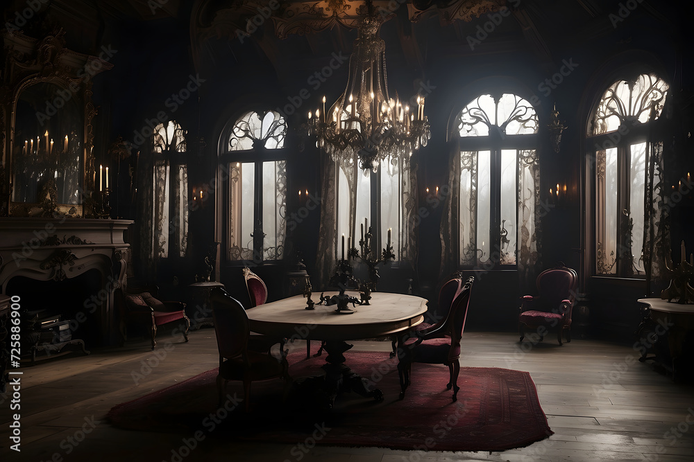 Gothic gloomy interior. Victorian Vampire's Lair with rich velvet ...