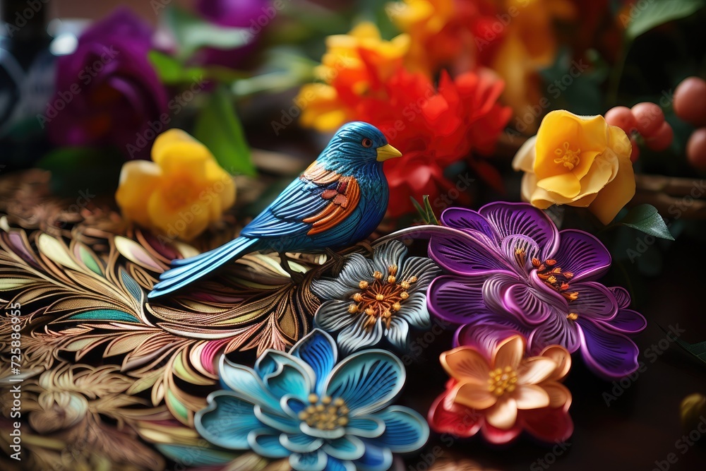Colorful embroidered cloth adorned with flowers and accompanied by a vibrant toy bird