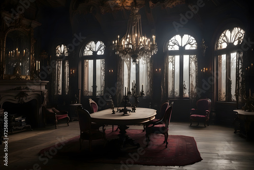 Gothic gloomy interior. Victorian Vampire's Lair with rich velvet upholstery, Gothic decor, and a dark, vampiric ambiance. Victorian vampire's lair home decor. Template. Halloween gothic vampire dark 
