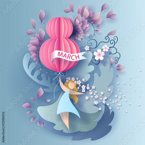 Card for 8 March international womens day. Woman with air ballons.