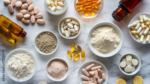 Various dietary supplements for health and beauty, like collagen, vitamins, biotin, and protein, in pill and powder forms. photo