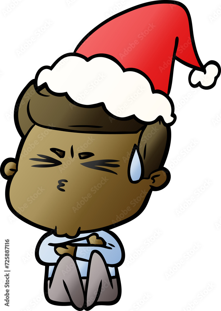 Fototapeta premium gradient cartoon of a man sweating wearing santa hat