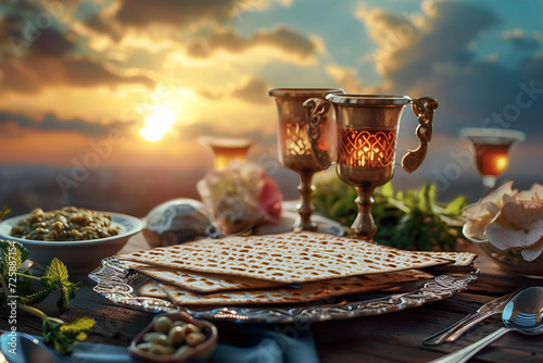 Passover Seder with wine and matzah, Pesah celebration concept photo