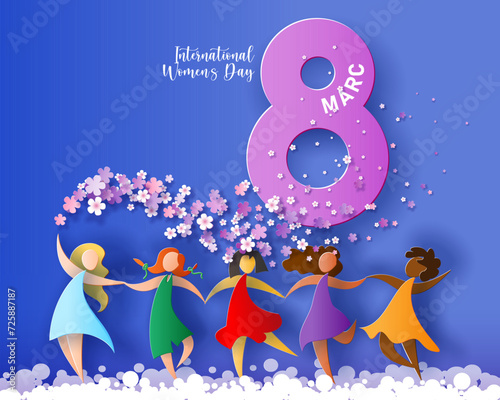 Card for 8 March women's day. Women different nationalities dancing