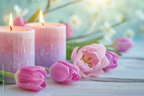 Pink yellow tulip flowers  lit candles on rustic wooden background. Greeting card