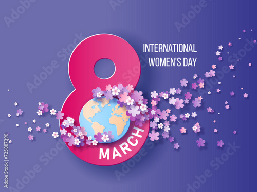 Women day background with flying flowers. 8 March invitation card.